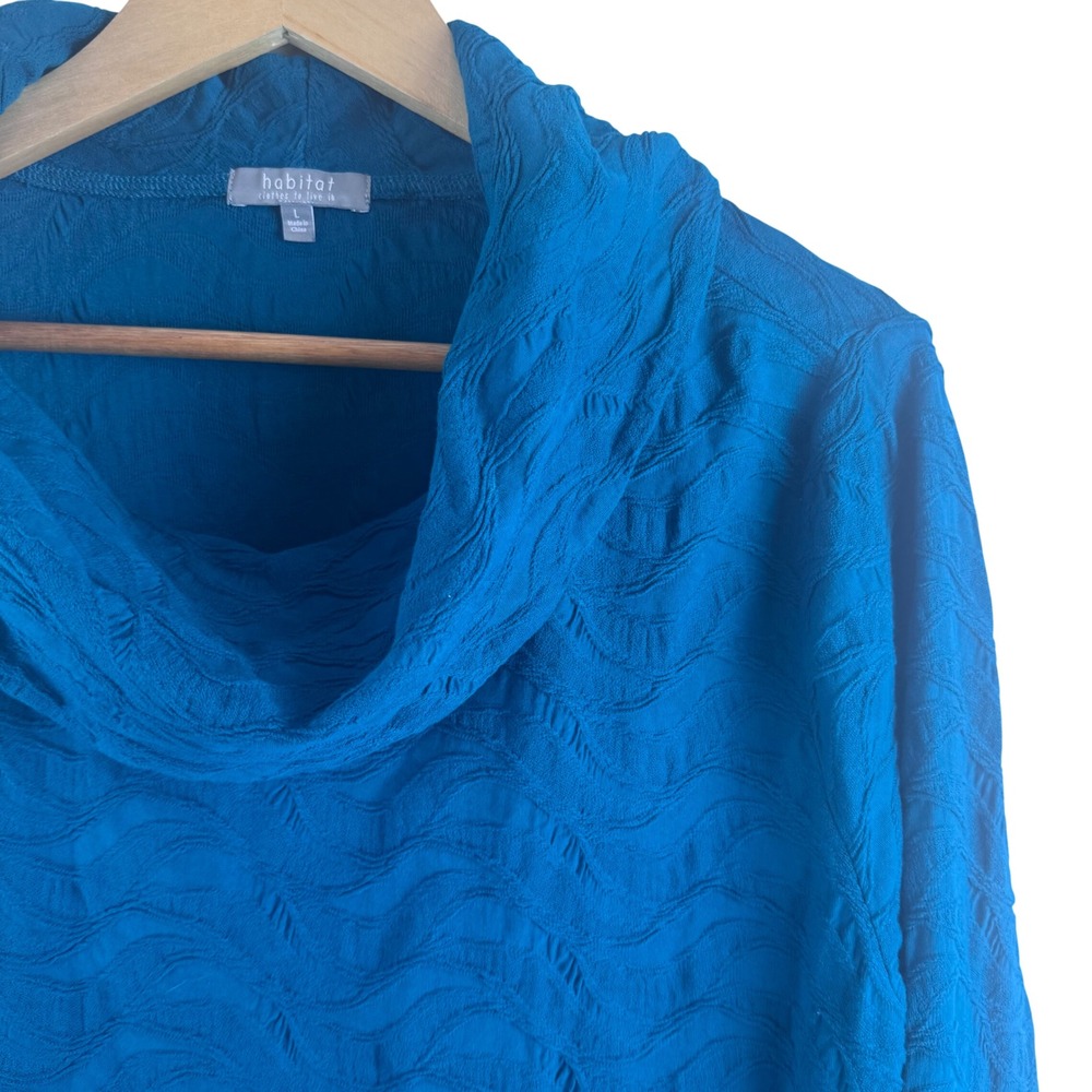 Habitat Cowl Neck Top Womens Large Blue Textured Wave Cotton Pockets 16310